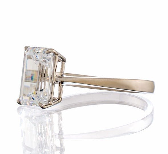 3 Carat Emerald Cut Cubic Zirconia Solitaire Engagement Ring - White Gold Plated Sterling Silver - Boutique Pavè