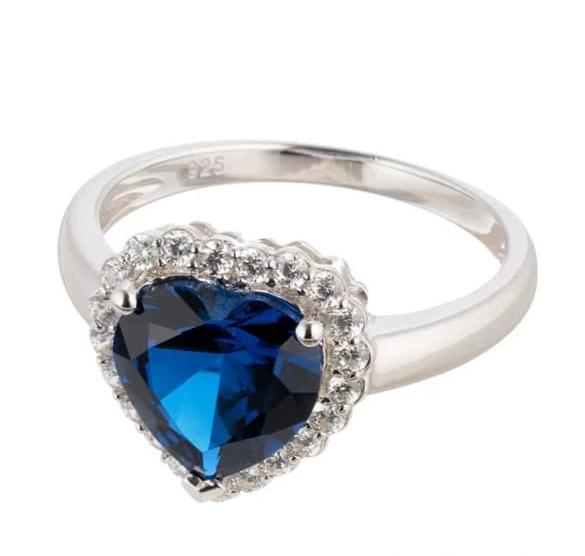 Heart Cut Faux Blue Sapphire Halo Engagement Ring In Sterling Silver - Boutique Pavè