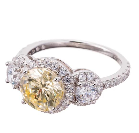 Imitation Canary Diamond Cubic Zirconia Three Stone Halo Engagement Ring In Sterling Silver - Boutique Pavè