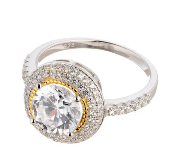 Round Cubic Zirconia Halo Two Tone Gold Engagement Ring In Sterling Silver - Boutique Pavè
