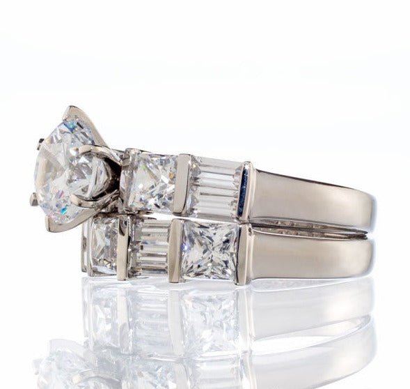 Round Princess Baguette Cut Cubic Zirconia Bridal Set In Sterling Silver - Boutique Pavè
