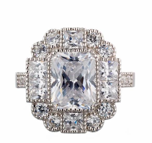 Vintage Radiant Cut Cubic Zirconia Engagement Ring In Sterling Silver - Boutique Pavè