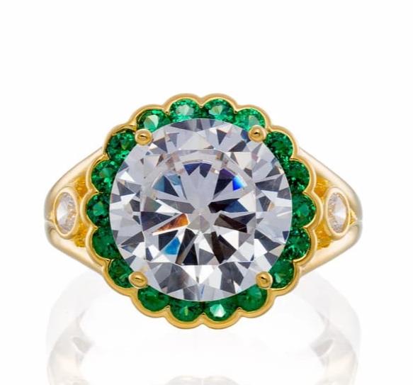 Wholesale 5 Carat Round Cut and Emerald Accent CZ Halo Engagement Ring - Yellow Gold Plated Sterling Silver - Boutique Pavè