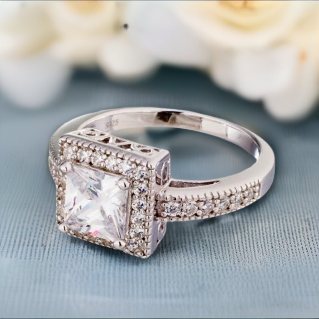 Wholesale Antique Inspired Princess Cut Bezel Set Halo Cubic Zirconia Engagement Ring - Boutique Pavè