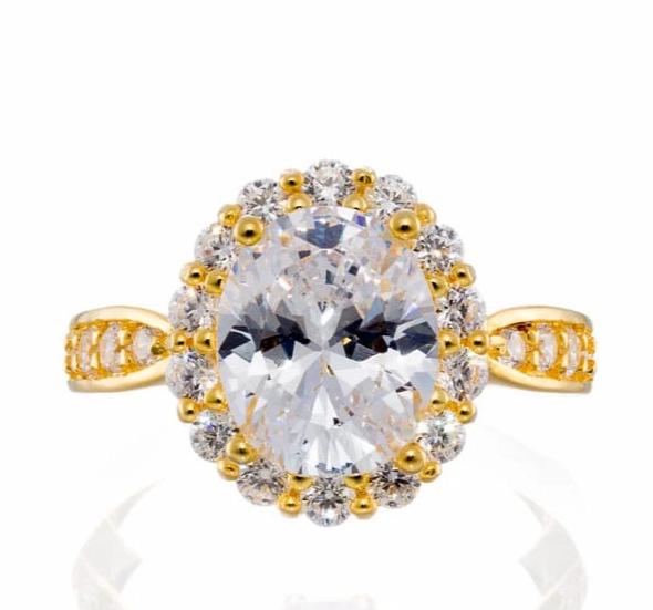 Wholesale Oval Cut Fancy Halo Cubic Zirconia Engagement Ring - Yellow Gold Plated Sterling Silver - Boutique Pavè