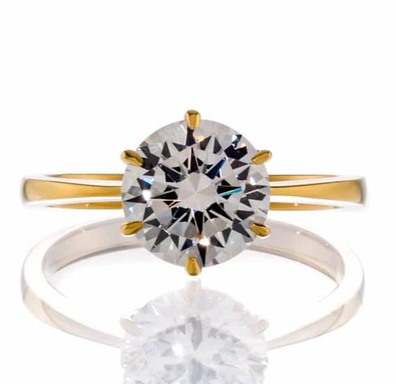 2 Carat Round Cut Cubic Zirconia Solitaire Engagement Ring - Yellow Gold Plated Sterling Silver - Boutique Pavè