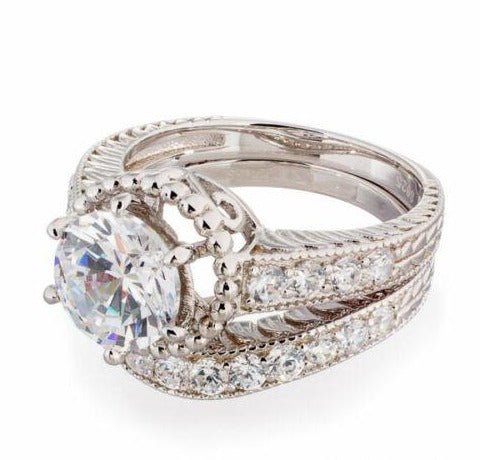 2 Carat Round Cut Cubic Zirconia Vintage Halo Engagement &amp; Wedding Ring Set In Sterling Silver - Boutique Pavè
