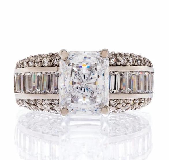 3 Carat Radiant Cut Triple Band Cubic Zirconia Engagement Ring In Sterling Silver - Boutique Pavè