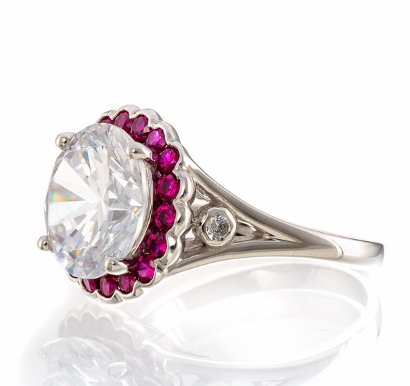 5 Carat Round and Ruby Accent Cubic Zirconia Halo Engagement Ring In White Gold Plated Sterling Silver - Boutique Pavè