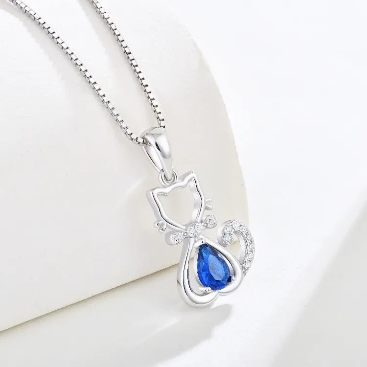 Adorable Cat and Bow Gemstone Cubic Zirconia Pendant with 17 Inch Sterling Silver Box Chain - Boutique Pavè