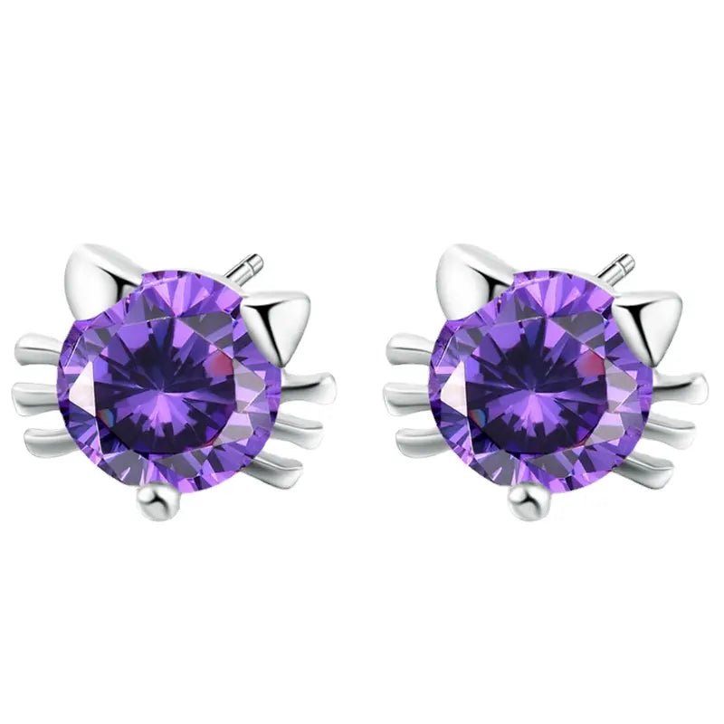 Adorable Round Cut Amethyst Cubic Zirconia Cat Face Stud Earrings in Sterling Silver - Boutique Pavè