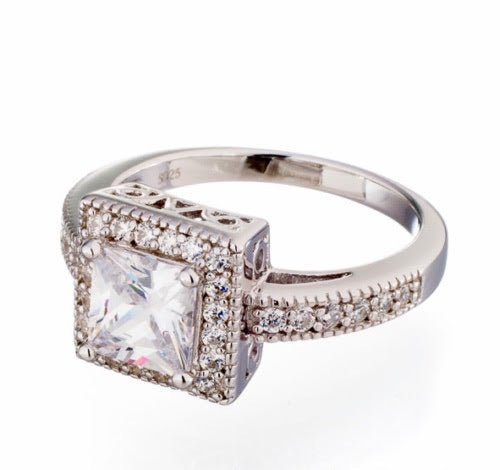 Antique Inspired Princess Cut Bezel Set Cubic Zirconia Engagement Ring - Boutique Pavè