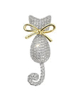 Beautiful Cubic Zirconia Cat with Bow Brooch in Gold Plated Sterling Silver - Boutique Pavè