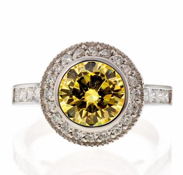 Bezel Set Canary Cubic Zirconia Halo Engagement Ring In Sterling Silver - Boutique Pavè