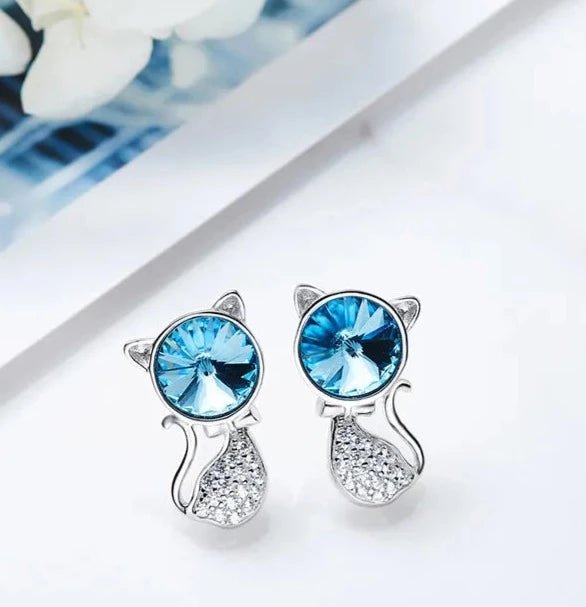 Blue Austrian Crystal Cute Cat Stud Earrings in White Gold Plated Sterling Silver - Boutique Pavè