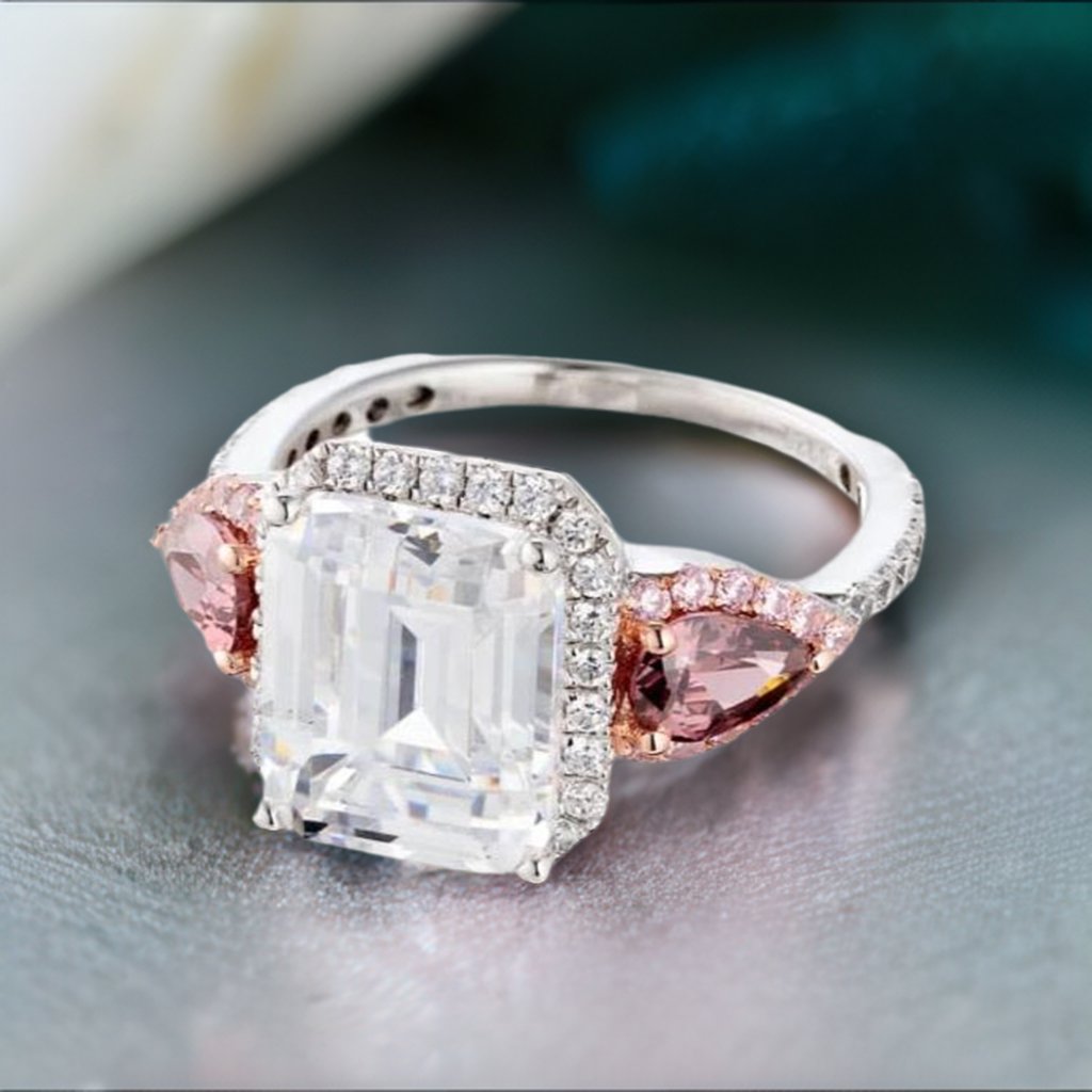 Emerald Cut Fancy Imitation Pink Diamond Cubic Zirconia Accent Engagement Ring In Sterling Silver - Boutique Pavè