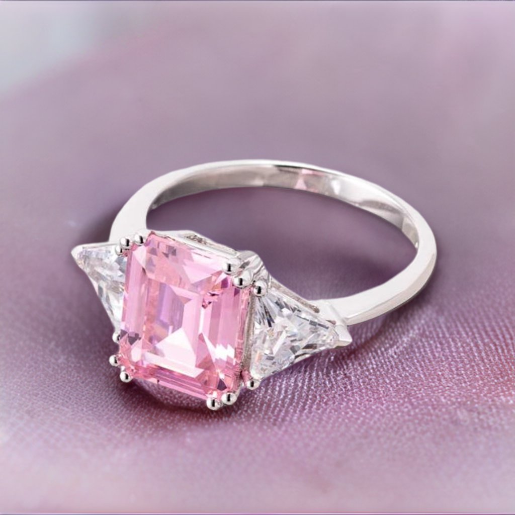 Emerald Cut Faux Pink Diamond Cubic Zirconia Engagement Ring In Sterling Silver - Boutique Pavè