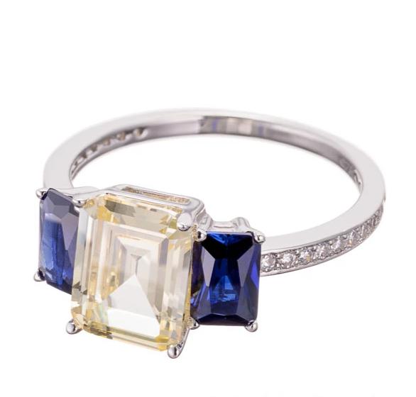 Emerald Cut Imitation Canary Diamond and Blue Sapphire Cubic Zirconia Engagement Ring - Boutique Pavè