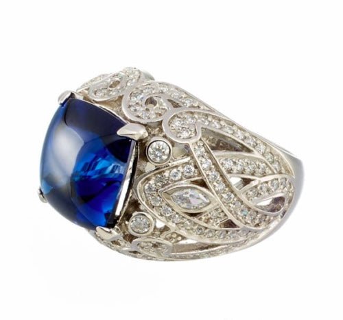 Fancy 3 Carat Cabachon Imitation Sapphire and Cubic Zirconia Vintage Engagement Ring In Sterling Silver - Boutique Pavè