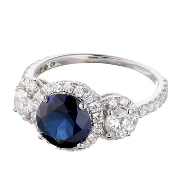 Faux Sapphire Cubic Zirconia Three Stone Halo Engagement Ring In Sterling Silver - Boutique Pavè