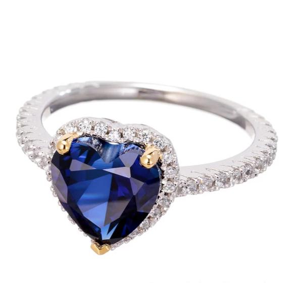 Heart Cut Imitation Blue Sapphire Cubic Zirconia Engagement Ring In Sterling Silver - Boutique Pavè