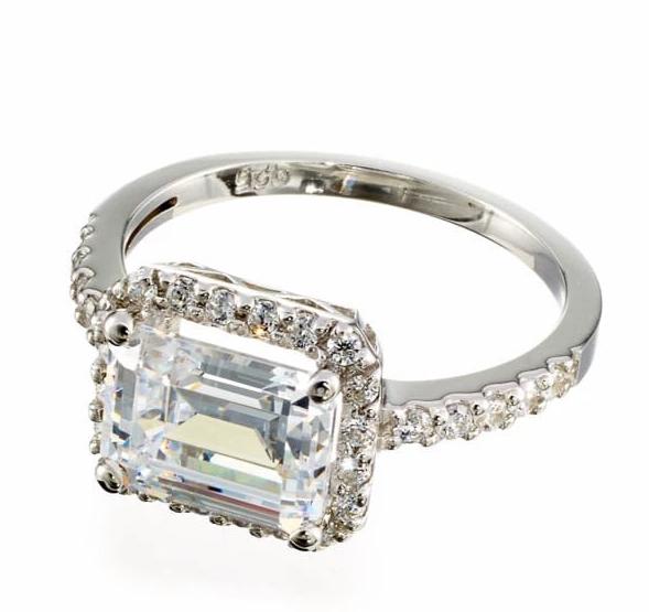 Horizontal Emerald Cut Cubic Zirconia Halo Engagement Ring In Sterling Silver - Boutique Pavè