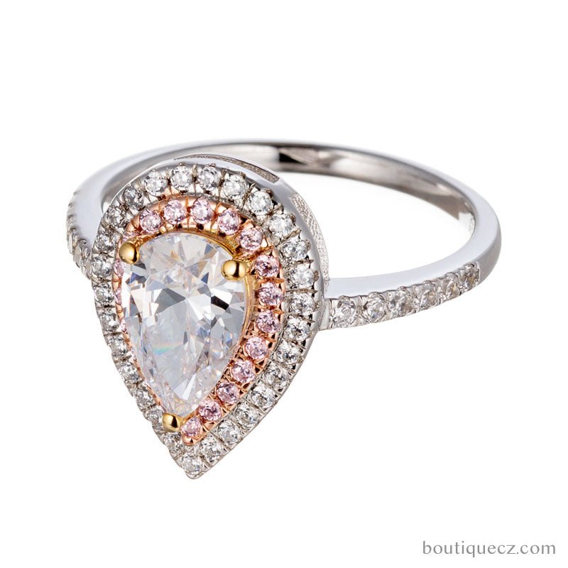 Pear Cut Cubic Zirconia Double Halo Rose and White Gold Plated Silver Engagement Ring - Boutique Pavè