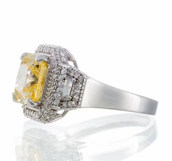 Princess Cut Canary Cubic Zirconia Engagement Ring In White Gold Plated Sterling Silver - Boutique Pavè