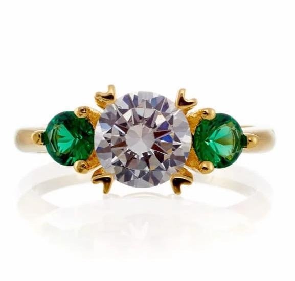 Round and Emerald Accent Cubic Zirconia Engagement Ring - Yellow Gold Plated Sterling Silver - Boutique Pavè