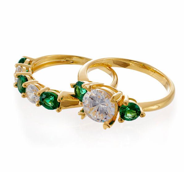 Round and Emerald Accent Cubic Zirconia Engagement Ring - Yellow Gold Plated Sterling Silver - Boutique Pavè