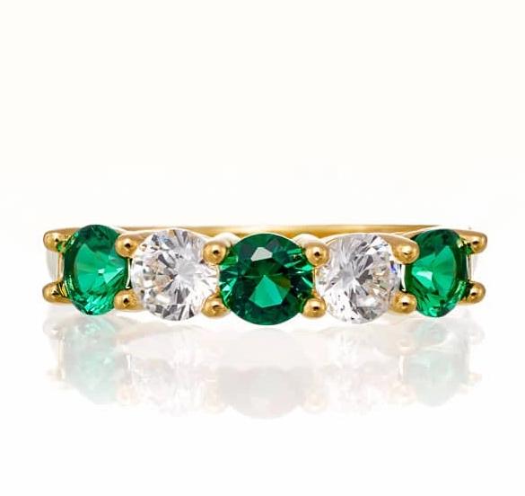 Round and Emerald Green Cubic Zirconia 5 Stone Anniversary Band - Yellow Gold Plated Sterling Silver - Boutique Pavè
