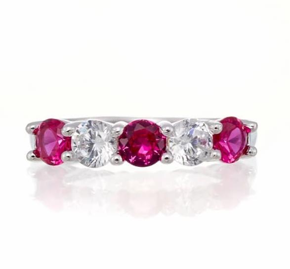 Round and Ruby Red Cubic Zirconia 5 Stone Anniversary Band - White Gold Plated Sterling Silver - Boutique Pavè