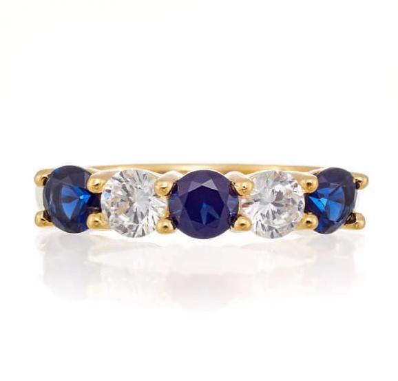 Round and Sapphire Blue Cubic Zirconia 5 Stone Anniversary Band - Yellow Gold Plated Sterling Silver - Boutique Pavè