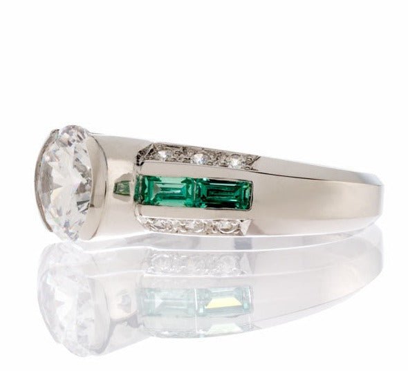 Round Cubic Zirconia Faux Emerald Accent Engagement Ring In Sterling Silver - Boutique Pavè