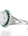 Round Cut and Emerald Accent Cubic Zirconia Halo Engagement Ring - White Gold Plated Sterling Silver - Boutique Pavè