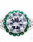 Round Cut and Emerald Accent Cubic Zirconia Halo Engagement Ring - White Gold Plated Sterling Silver - Boutique Pavè