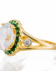 Round Cut and Emerald Accent Cubic Zirconia Halo Engagement Ring - Yellow Gold Plated Sterling Silver - Boutique Pavè