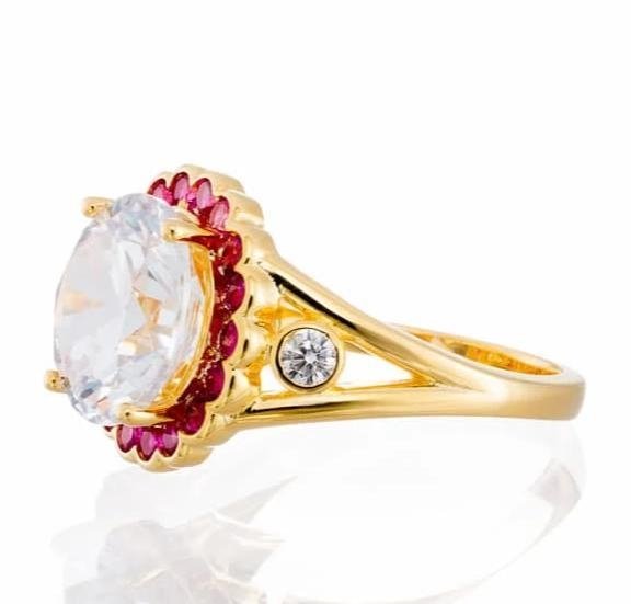 Round Cut And Ruby Accent Cubic Zirconia Halo Engagement Ring - Yellow Gold Plated Sterling Silver - Boutique Pavè