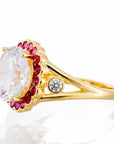 Round Cut And Ruby Accent Cubic Zirconia Halo Engagement Ring - Yellow Gold Plated Sterling Silver - Boutique Pavè