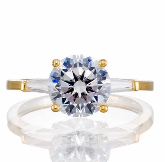 round solitaire and baguette accent engagement ring yellow gold plated sterling silver - Boutique Pavè