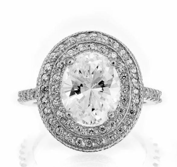 Vintage Oval Double Halo Cubic Zirconia Engagement Ring In Sterling Silver - Boutique Pavè