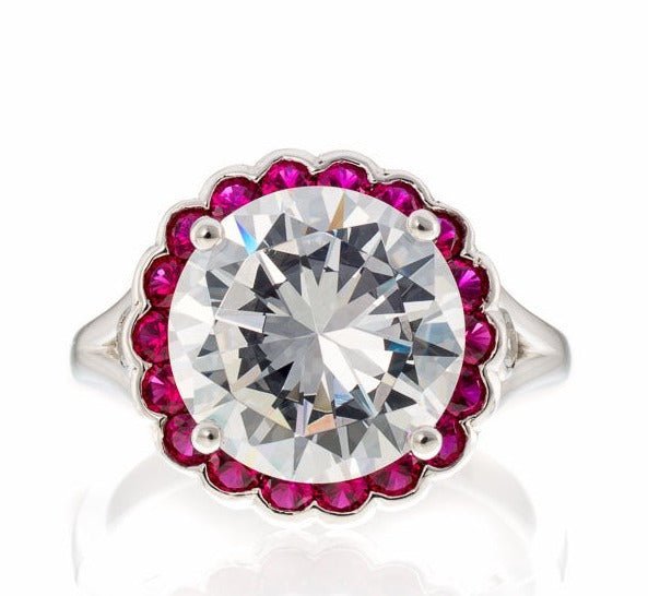 Wholesale - 5 Carat Round and Ruby Accent Cubic Zirconia Halo Engagement Ring in Sterling Silver - Boutique Pavè