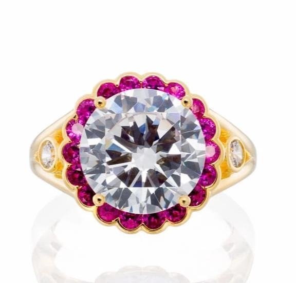 Wholesale - 5 Carat Round Cut And Ruby Accent Cubic Zirconia Halo Ring - Yellow Gold Plated Sterling Silver - Boutique Pavè