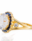 Wholesale - 5 Carat Round Cut and Sapphire Blue Cubic Zirconia Halo Engagement Ring - Yellow Gold Plated Sterling Silver - Boutique Pavè