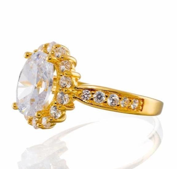 Wholesale Oval Cut Fancy Halo Cubic Zirconia Engagement Ring - Yellow Gold Plated Sterling Silver - Boutique Pavè