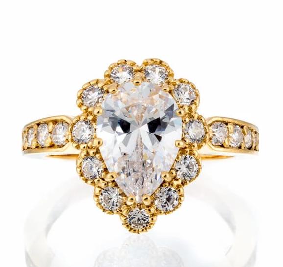 Wholesale Pear Cut Cubic Zirconia Vintage Halo Engagement Ring In Yellow Gold Plated Sterling Silver - Boutique Pavè